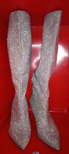 Zara Glitter Sparkle Knee Hi Boots Silver Metallic Size US 5.5/EUR 36 Pre-Owned Zara Boots For Spring Party, Zara Party Boots With Round Toe, Zara Closed Toe Party Boots, Zara Winter Heels With Round Toe, Zara Heels With Round Toe For Winter, Zara Closed Toe Boots For Party, Zara Fitted Boots With Round Toe, Zara Closed Toe Evening Boots, Glitter Boots With Fitted Round Toe