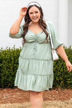 Chic Soul plus size clothing, pistachio green square neck 3/4 length bubble sleeve babydoll dress Green Tiered Mini Dress For Brunch, Green Tiered Vacation Dress, Green Tiered Dress For Vacation, Green Flowy Tiered Dress For Vacation, Flowy Green Tiered Dress For Vacation, Spring Sage Dresses For Brunch, Green V-neck Spring Tiered Dress, Green V-neck Tiered Dress For Spring, Green V-neck Tiered Spring Dress