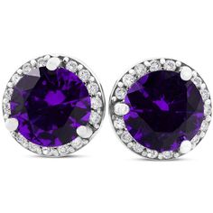 This matching pair of women's earrings features two round brilliant cut genuine amethyst gemstones and round brilliant cut natural diamonds. All diamonds are set in solid 10K white gold with 10k white gold heavy weight push backs. Color: amethyst/gold/white. Gender: female. Age Group: adult. Blue Sapphire Studs, Amethyst And Diamond Ring, Gold G, Diamond Engagement Wedding Ring, Halo Earrings, Minerals And Gemstones, Diamond Settings, Pompeii, Diamond Halo