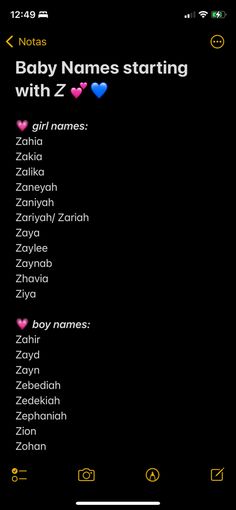 the baby names starting with z is in pink and blue hearts are on black background