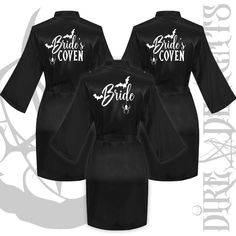 three bride's robes in black with white lettering on the front and back side