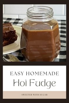 homemade hot fudge recipe in a jar with chocolate frosting