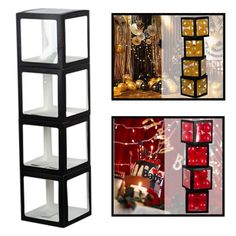 three shelves with dices and christmas decorations