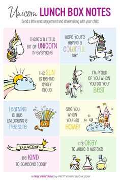 unicorn lunch box notes for kids to help them learn how to use the unicorn's tail