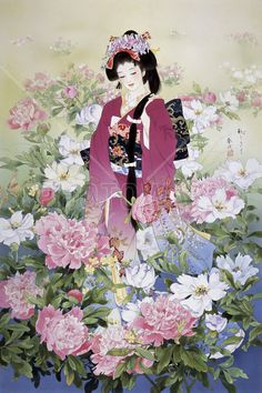 a painting of a woman surrounded by flowers