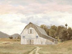 a painting of a barn in the middle of a field with a dirt road leading to it