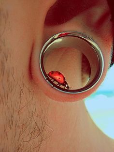 a close up of a person's ear with a ring attached to it