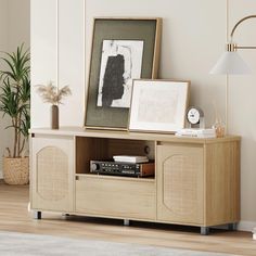 an entertainment center with speakers and pictures on the wall next to a potted plant