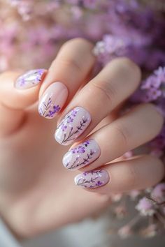 Purple Nail With Flower, Purple Nail Flower Design, Pastel Purple Nails With Flower, Light Purple Floral Nails, Purple Nails With Yellow Flower, Velvet Nails, Cuticle Care, Floral Nail Designs, Flower Nail Art