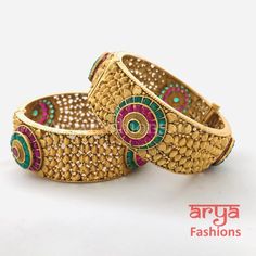 Ruby Emerald Indian Kada / Punjabi Kundan Bracelet Bangles/ Set of 2 Bangles Made in Brass with 22 Karat Gold finish Pair of 2 Bangles Thickness: Approx. 1" Available in size 2.4, 2.6, 2.8 Openable Bangles Ready to ship from VA, USA Kundan Bracelet, Kundan Bangles, Bangles Set, Bangles Making, Bangles Bracelets, Ruby Emerald, Bangle Set, Gold Polish, Gold Finish