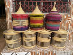 several baskets are stacked on top of each other