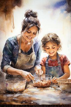 an image of a woman and child making food