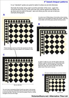 four different types of black and white floor tiles with text describing the various patterns on them