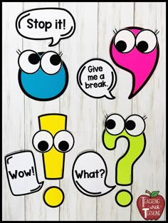 the cut outs for sesame street characters are displayed on a white wooden background with text bubbles and question marks