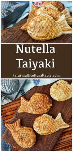 some waffles are sitting on top of a wooden cutting board with the words nutella