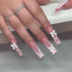 24Pcs Pink Bow Press on Nails cashymart Paznokcie Hello Kitty, Fake Nails White, Manicure Diy, Girly Acrylic Nails, French Acrylic Nails, Unique Acrylic Nails, Long Square Acrylic Nails, Pink Acrylic Nails, Square Acrylic Nails