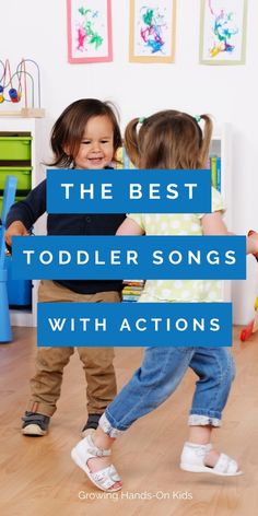 Two children dancing to music in the background with blue and white text that says The Best Toddler Songs with Actions. Action Songs For Toddlers, Filler Activities For Preschool, Home Preschool Ideas, Toddler Circle Time Activities, Transition Activities For Toddlers, Group Toddler Activities, Songs For Toddlers Circle Time, Toddler Large Group Activities, Movement Songs For Toddlers