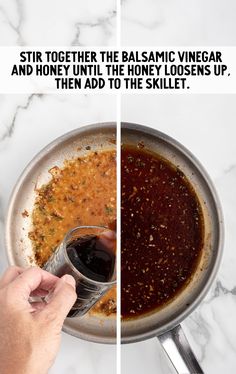 someone is pouring sauce into a skillet on the stove and then adding them to the skillet