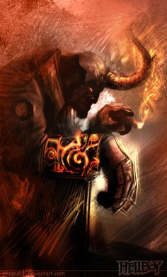 an elephant with horns and flames on its back is holding something in it's hand