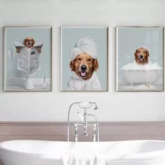 three dogs in bathtub with towels on their heads and one dog wearing a towel