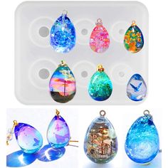 six different types of glass pendants in various shapes and sizes, including one with a ship on it