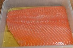 raw salmon in a plastic container on the counter