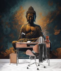 a buddha statue sitting on top of a wooden desk