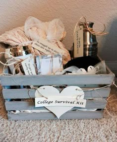 a wooden crate filled with personal care items on top of a carpeted floor next to a wall