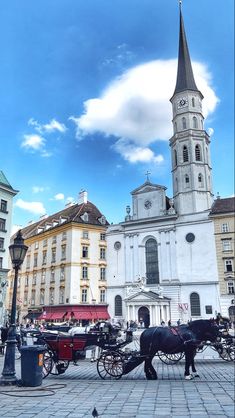 a horse drawn carriage sitting in front of a tall white building with a steeple