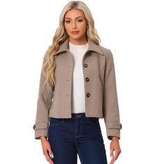 You can wear your other clothes as a base and pair them with your jeans or other pants and boots. It is a short coat with flat lapels and a row of buttons for closure, and the sleeves have decorative buttons. It is a row of buttons as a closure mode, you can choose to open or close the buttons. Either way makes you feel different. Cute Fall Jackets For Women, Petite Fashion Fall 2024, Women’s Fall Jackets, Cute Fall Jackets, Winter Pea Coat, Winter Outwear, Crop Blazer, Duffle Coat, Fall Jackets