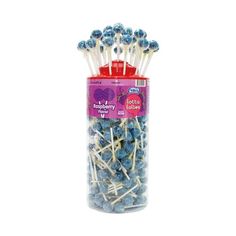 blue and white lollipops in a plastic container