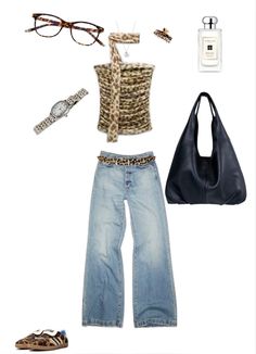 a woman's outfit with leopard print top, jeans, and shoes is shown