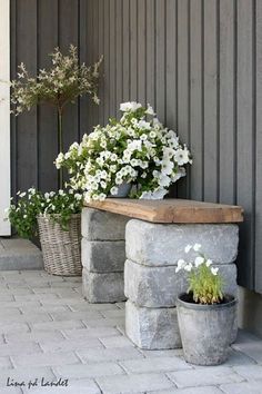 some white flowers are sitting in pots on the side of a building and next to a bench