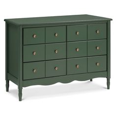 a green dresser with gold knobs and drawers