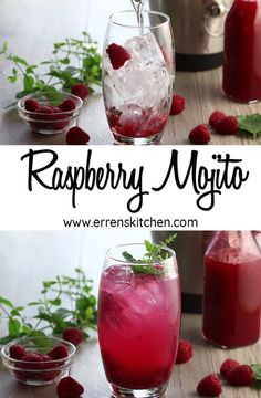 raspberry mojito with ice and mint garnish on the side