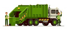 two men are standing next to a green garbage truck, one is holding a trash can