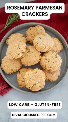 rosemary parmesan crackers on a plate with text overlay