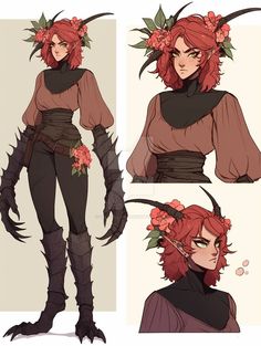 an image of a woman with horns and flowers on her head, in different poses