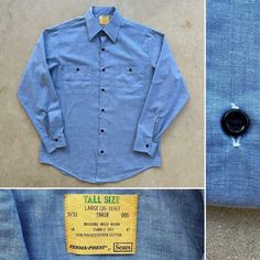 For your consideration Original vintage 1970s Sears Perma Prest Chambray Work Shirt Long sleeve Cotton blend Made in USA Marked size Tall Large 16 - 16 1/2 Two button through pockets Single button cuffs Long tail Button front In pre-owned condition .. looks hardly worn .. tag is crispy .. don't see any holes or tears .. does have two faint yellowing spots on left chest pocket Shown on men's vintage size medium mannequin torso Measures approximately 23.5" pit to pit 31.75" top neckline to bottom 19" across shoulders 25.75" sleeves 17.5" pit to bottom Zoom in on photos for details and overall condition and message with any questions Vintage Pre-washed Fall Shirt, Vintage Blue Shirt For Workwear, Vintage Fitted Shirt With Pockets, Vintage Blue Shirt For Work, Vintage Blue Shirt For Fall, Vintage Shirt With Spread Collar For Work, Vintage Fitted Pre-washed Tops, Fitted Vintage Pre-washed Tops, Vintage Shirt With Pockets For Workwear