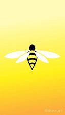 a yellow background with a black and white bee on it's back side, flying in the air