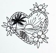 a drawing of a heart with flowers and palm trees on the beach in the background