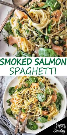 two plates of smoked salmon spaghetti with spinach