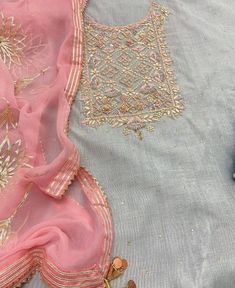 Item Overview ATHARVA Hand Embroidery Salwar Kameez/Grey Chanderi Silk Shirt/Pink Gota Patti Chiffon Dupatta/Custom Stitch Unstitch/Anarkali/Gift/CH1829 Dno. CH1829 Fabric:  * Shirt - Chanderi Silk- Hand Embroidered Neck 2.5 Mts - Beautiful Hand Embroidery  * Dupatta: Chiffon Chinnon Dupatta- All over Exclusive Gota Patti Embroidery - 2.5 Mts- Latkans Tassels  * Bottom Santoon Silk 2.5 Mts. Excusive Hand Embroidered Party Wear Punjabi Suit. Customization: * Fabrics Customization: Designs Can be Gota Patti Embroidery, Patiala Salwar Kameez, Embroidery Dupatta, Neck Designs For Suits, Embroidery Bracelets, Embroidery Tshirt, Embroidery Sweater, Embroidery Shoes, Patiala Salwar