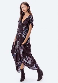 [Color: Black/Blue] Lovestitch cute floral printed maxi dress with plunging V-neckline. V-neck Maxi Dress With Pockets For Daywear, V-neck Rayon Midi Dress With Tie Waist, Floral Print Rayon Dress With Surplice Neckline, Flowy Floral Maxi Dress With Surplice Neckline, Chic Rayon V-neck Wrap Dress, Chic Rayon Maxi Dress With Surplice Neckline, Black Flowy Maxi Dress With Surplice Neckline, Flowy V-neck Floral Print Wrap Dress, Chic V-neck Rayon Wrap Dress