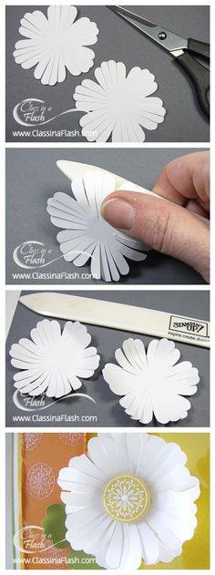 the process to make paper flowers is shown in three different stages, including cutting and embellishing