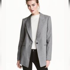 H&M -Womens Pinstripe Long Jacket Blazer. Single Button Closure. -Grey & White -Size 2 Women's -Condition: New With Tags Striped Blazer For Winter Workwear, Spring Striped Blazer For Business Casual, Winter Striped Blazer For Business Casual, Pinstripe Blazer For Business Casual Spring, Classic Pinstripe Outerwear For Spring, Spring Pinstripe Blazer For Business Casual, Striped Lapel Collar Outerwear For Office, Striped Long Sleeve Outerwear For Business Casual, Classic Long Sleeve Outerwear With Vertical Stripes