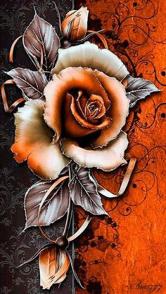 an orange and black painting with flowers on it