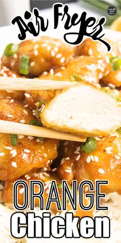 an orange chicken dish with chopsticks and sesame seeds on top, served in a white bowl