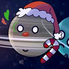 a cartoon character wearing a santa hat and holding a candy cane in front of saturn