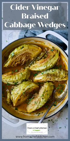 a pot filled with cooked cabbage wedges and topped with parsley on the side